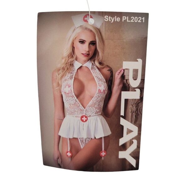 Love Hurts M/L Nurse Costume Set Hat Teddy Garter Skirt & Panties White Lingerie - Picture 7 of 13